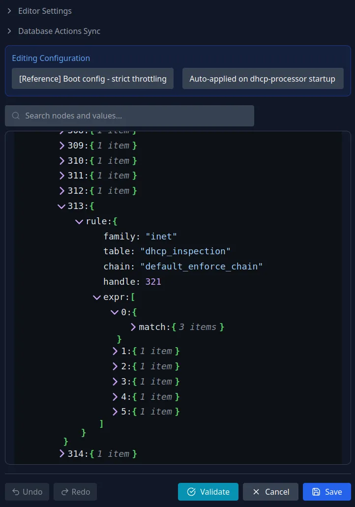 DHCP Shield Pro firewall configuration editor: a reference 'strict throttling' boot profile open in a structured nftables rule tree — family, table, chain, and match expressions — with Validate, Cancel, and Save controls.
