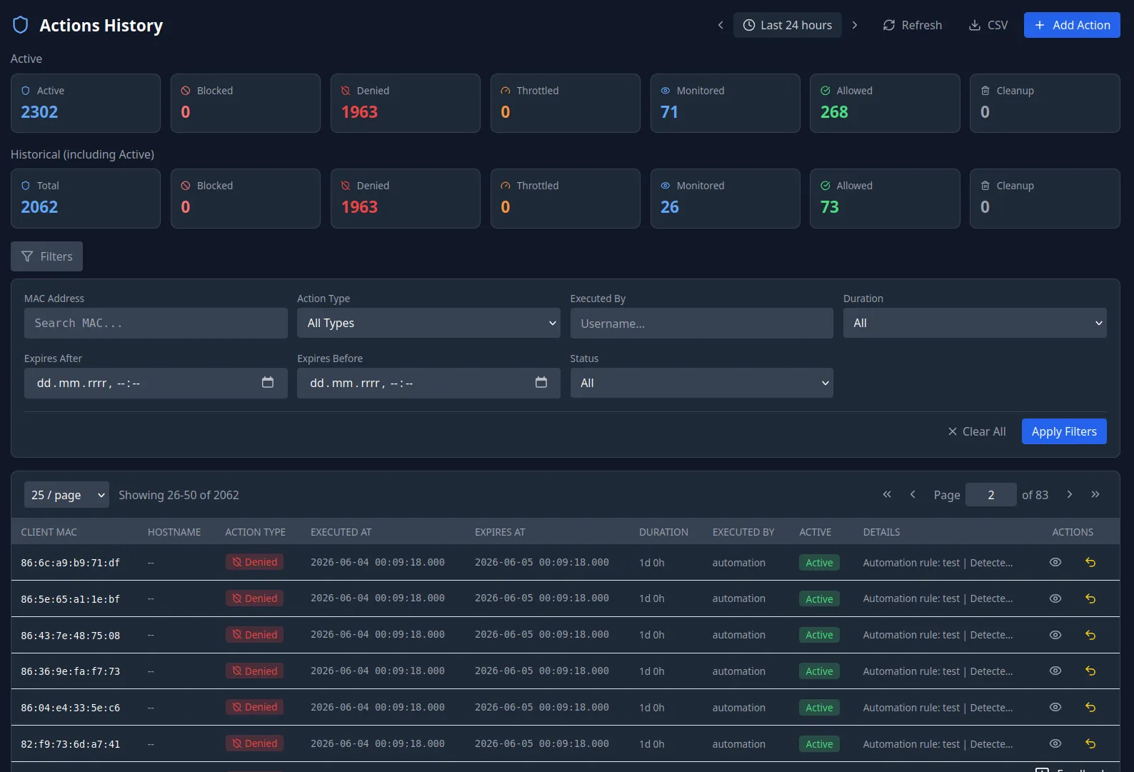 DHCP Shield Pro Actions History: tiles summarising active and historical actions by type — blocked, denied, throttled, monitored, allowed — above a filterable, time-ranged audit log of every action, showing what was applied to which device, by whom, and when it expires.