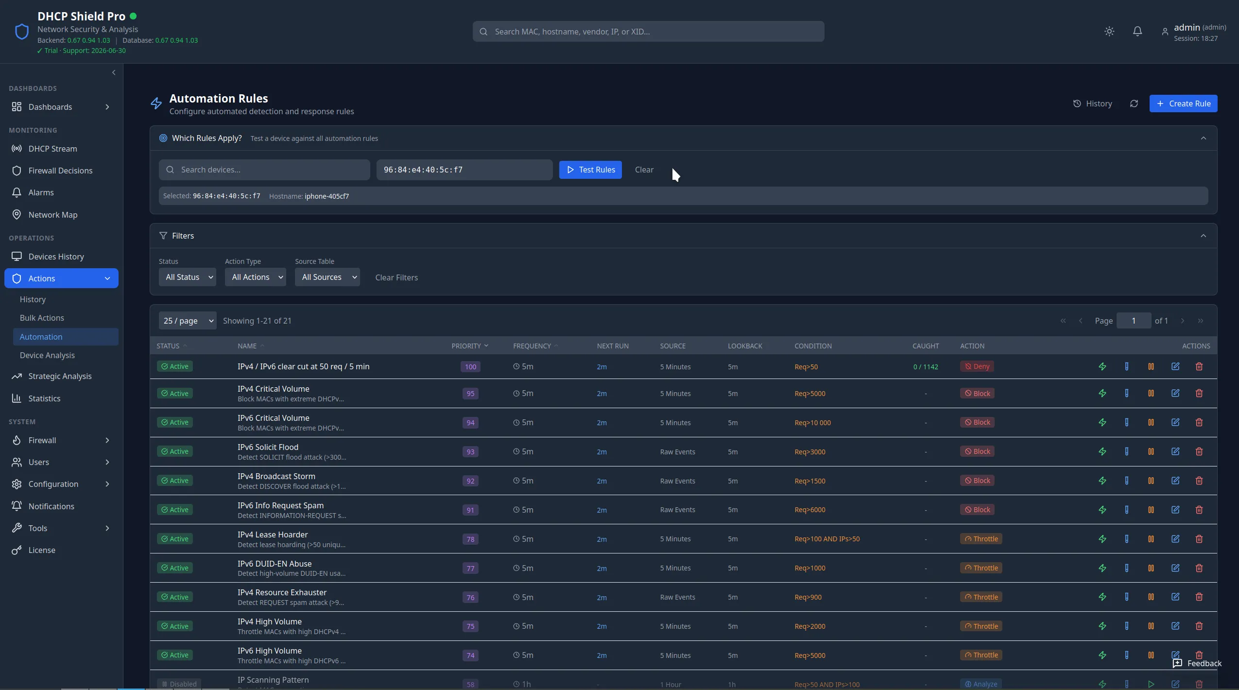DHCP Shield Pro Automation Rules: a table of scheduled detection-and-response rules — each with a priority, frequency, lookback window, condition, and action such as deny, block, throttle, or analyze — above a tester that checks which rules apply to a given device.