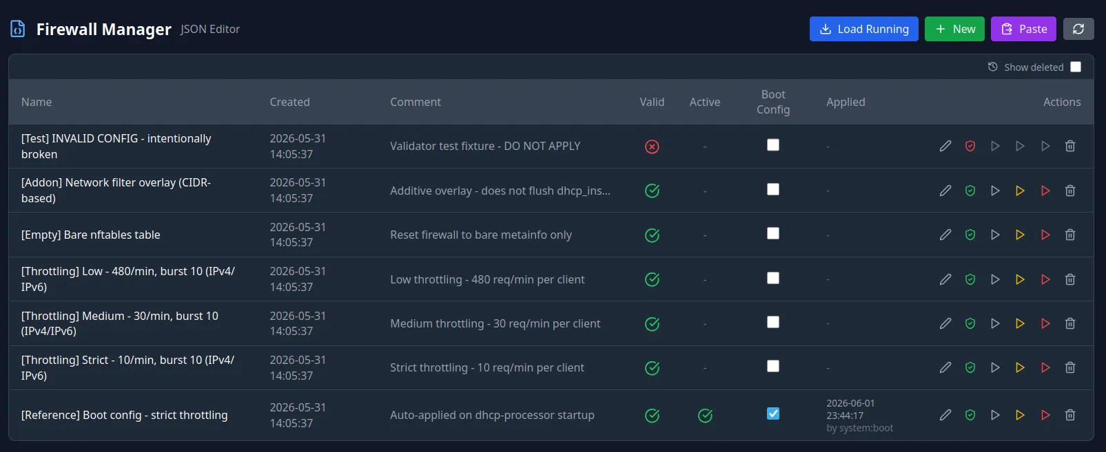 DHCP Shield Pro Firewall Manager: a list of saved nftables configurations — throttling profiles, an additive overlay, a bare-table reset, and the boot config — each showing whether it is valid, active, the boot config, and when it was last applied, with edit, validate, apply, and delete controls.