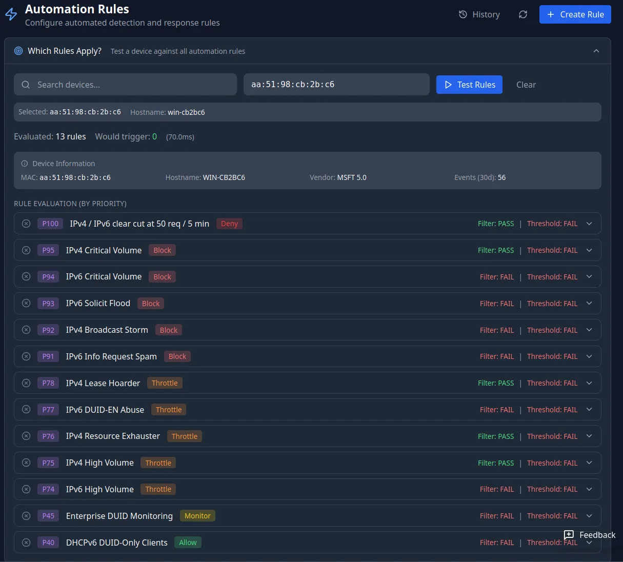 DHCP Shield Pro automation rule tester: one device evaluated against every rule in priority order, each row showing whether the rule's filter and threshold matched — so you can see exactly which rule would act, and why.