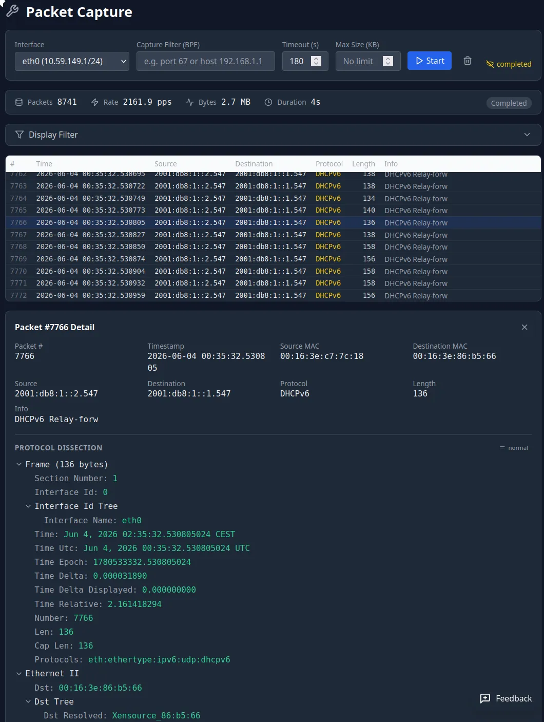 DHCP Shield Pro packet capture: the on-demand capture tool — interface picker, BPF filter, timeout and size limits, and live stats (packets, rate, bytes, duration) — above a captured-frame table and a Wireshark-style protocol dissection of a selected DHCPv6 frame.