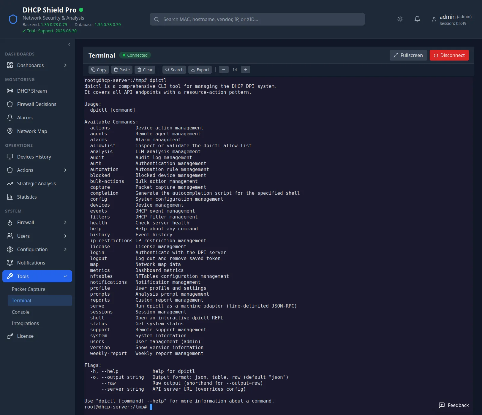 DHCP Shield Pro web terminal: a real bash shell on the appliance, shown running the dpictl CLI help, which lists its resource-action commands for managing devices, actions, automation, alarms, capture, and more.