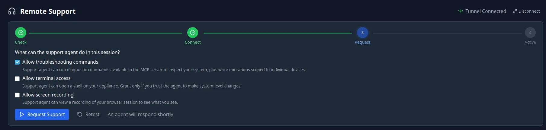 DHCP Shield Pro remote support consent step: a checklist of what the support agent may do this session — allow troubleshooting commands (MCP diagnostics plus device-scoped writes, ticked on), allow terminal access (off by default), allow screen recording (off by default) — with a Request Support button.