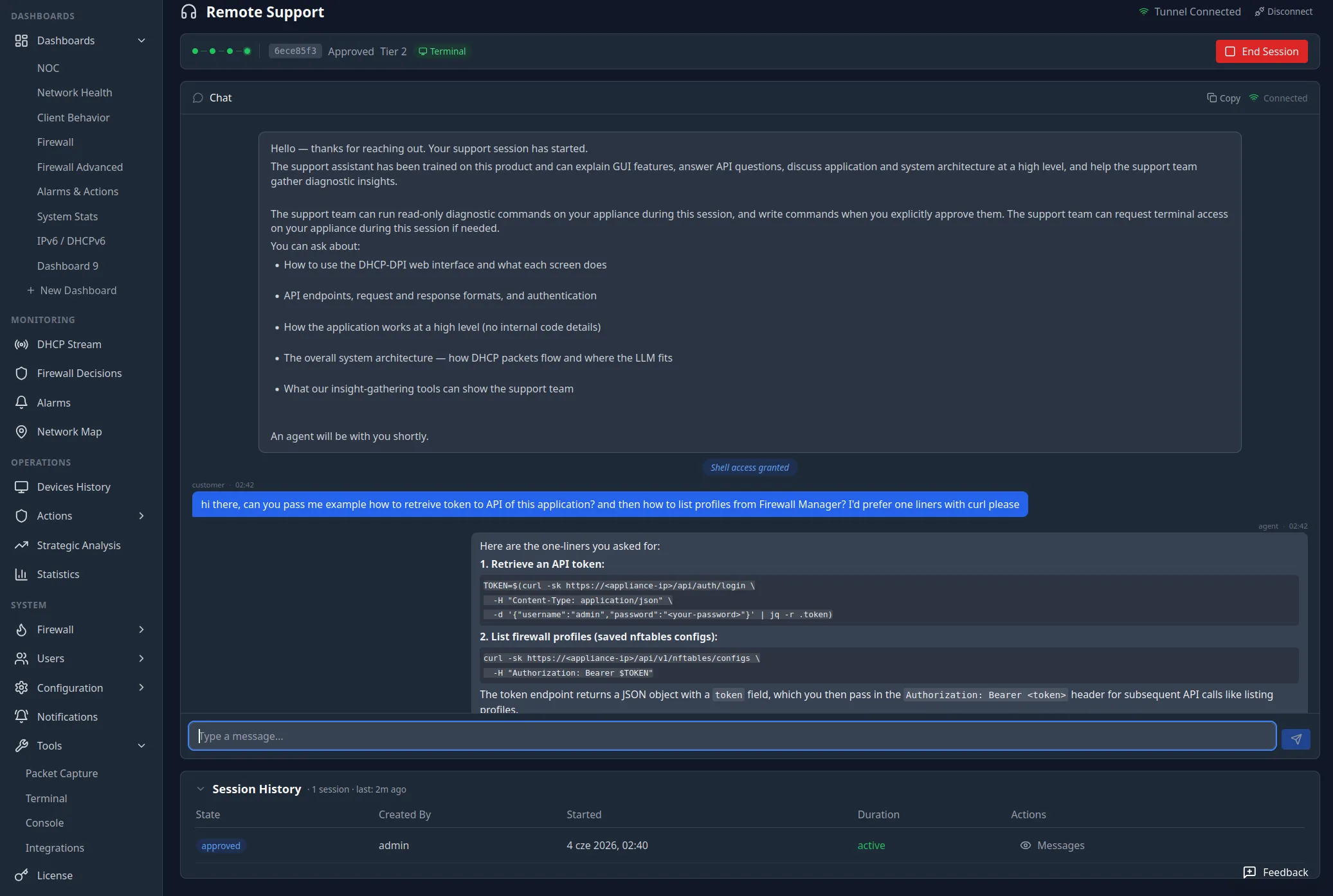 DHCP Shield Pro Remote Support console: a chat with a product-trained support assistant answering an API question with curl one-liners, a session header showing the approval tier and a terminal grant, a 'shell access granted' marker, and a session-history log — the customer opens the session and controls what it may do.