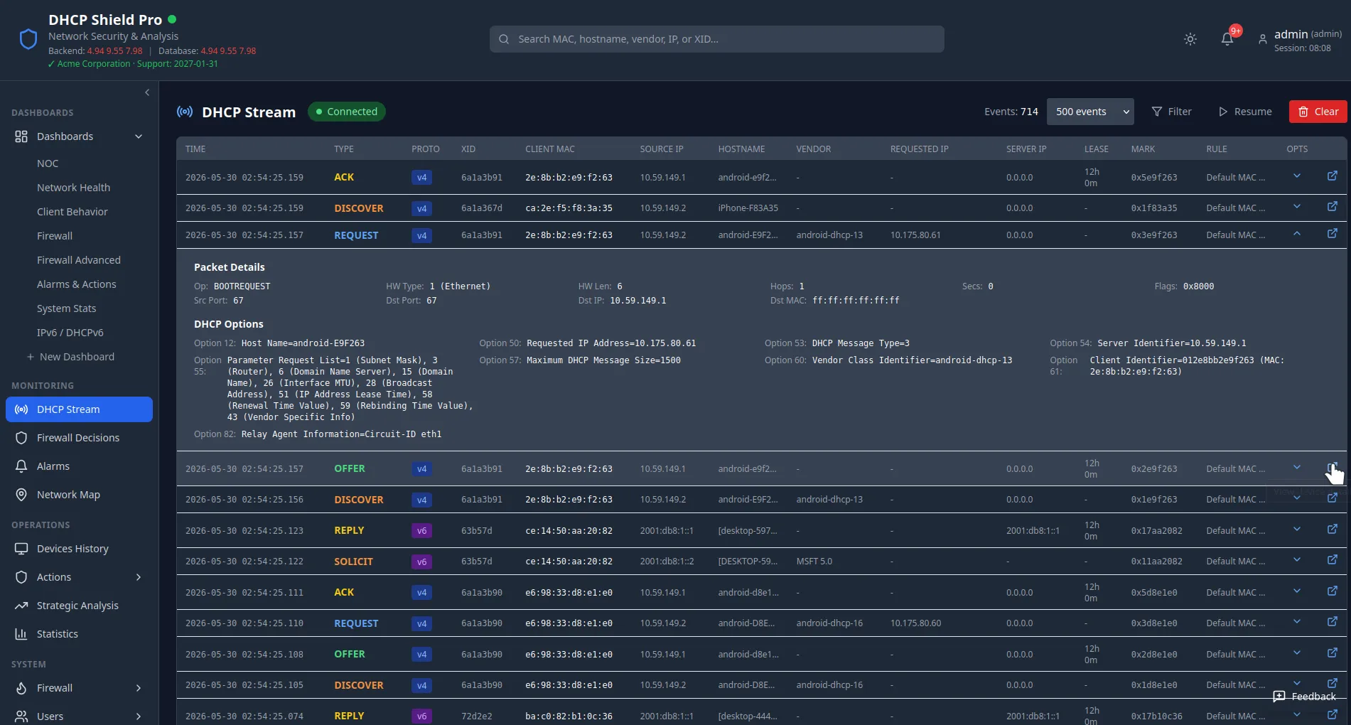 DHCP Shield Pro DHCP Stream: a live, server-side-filtered table of inspected DHCP transactions for real-time troubleshooting.