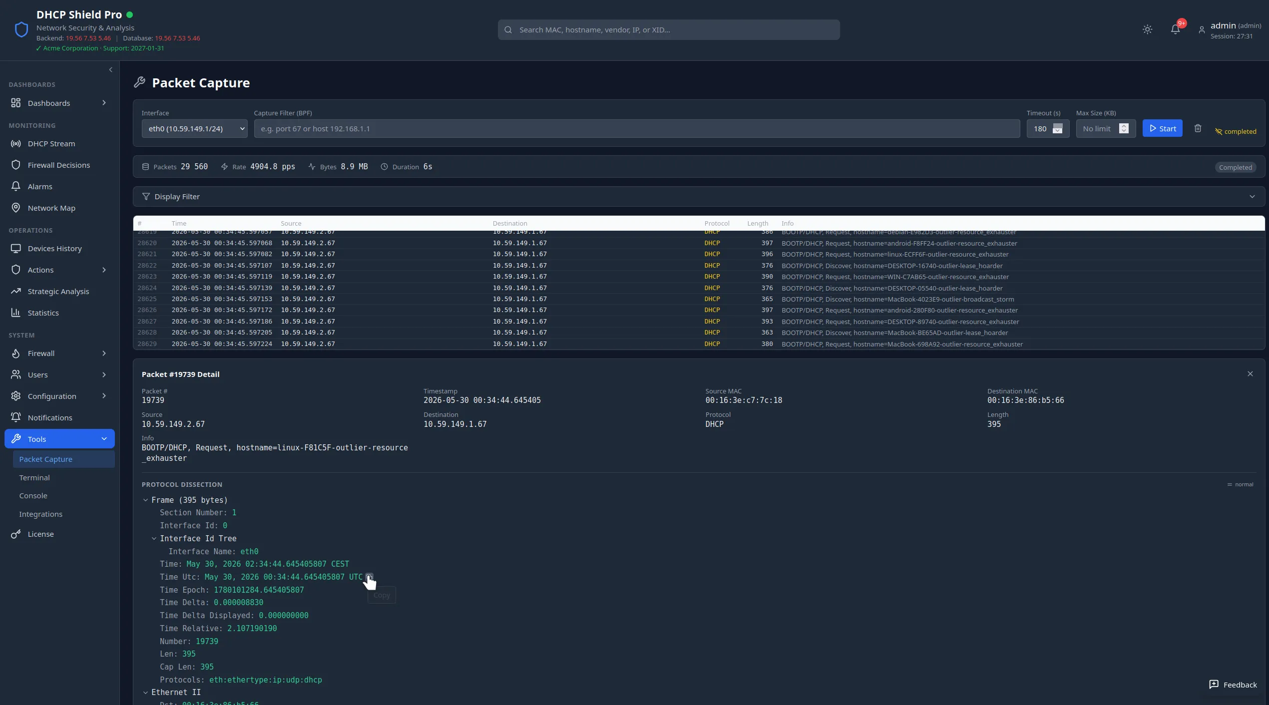 DHCP Shield Pro packet capture: a live table of DHCP transactions above the full protocol dissection of a single packet — frame, interface, timing, Ethernet, and every DHCP option decoded field by field.